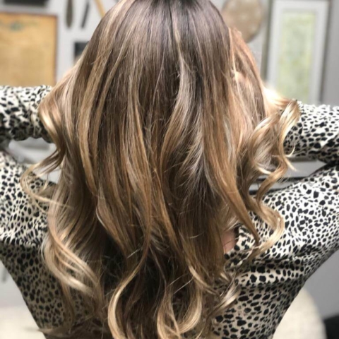 Blond Balayage Hair Color, Long Hair Style, after cut and shampoo, Beach Wave