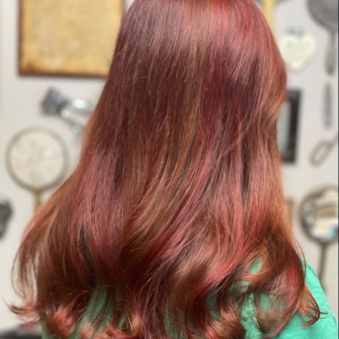 Hair Color, Redhead, Red Hair, Hair Styling, Red Contrast Highlights, Multi-color Read Hair, after shampoo and cut